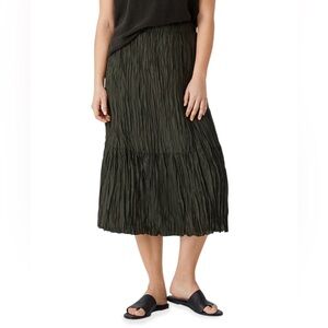 Eileen Fisher Silk Habutai Skirt Tiered Elastic Waist Seaweed Dark Green M